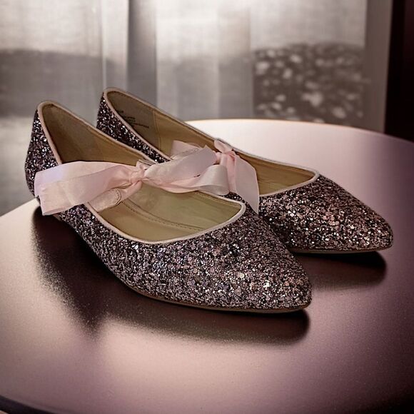 Betsey Johnson Glittery Ballet Flats 6M Lia Balletcore Bow Tie Romantic Coquette - Picture 13 of 16